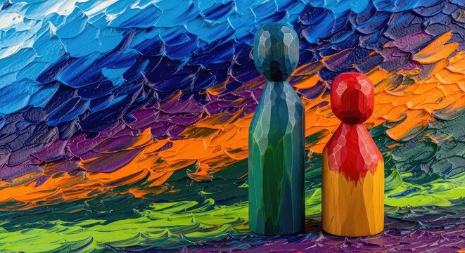 Two vibrant wooden figures stand together on a heavily textured abstract background, featuring bold colors and artistic painterly strokes, art, canvas, objects