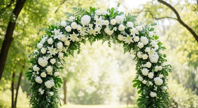 Une arche &eacute;l&eacute;gante orn&eacute;e de fleurs blanches luxuriantes et de feuillage vert frais install&eacute;e dans un jardin paisible pour une c&eacute;r&eacute;monie, cadre, calme, roses