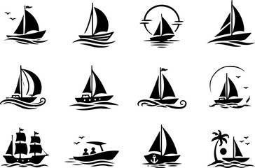 Minimalist boat and sailboat silhouette icon set featuring various watercraft and sailing vessel designs for maritime, nautical and travel themed projects. Vector illustration. © MaxceptArt
