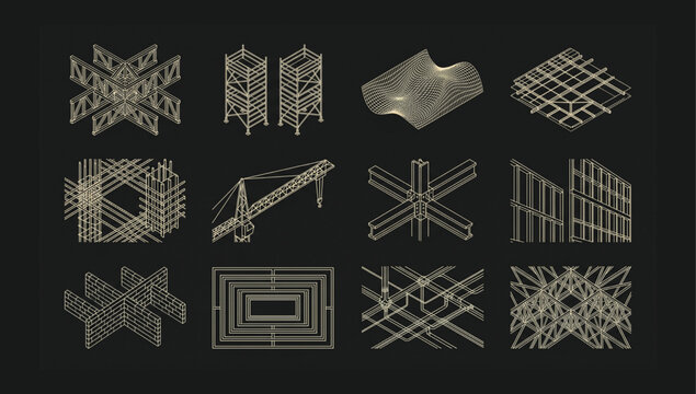 Isometric structural wireframe elements for architecture with isometric structural wireframe architecture construction engineering blueprint building framework geometric technical