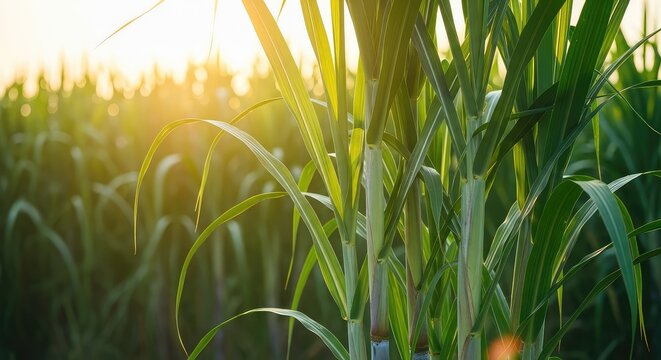 Vibrant green sugarcane stalks standing tall in a sunlit field, symbolizing the natural source of glycolic acid for skin care and beauty, stem, wellness, stalks