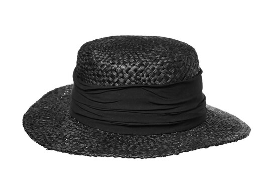 Womens summer black straw hat with ribbon isolated on white background