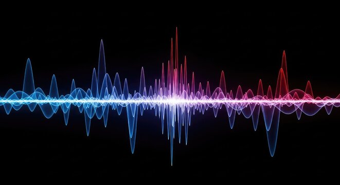 Vibrant sound waves ripple across a dark digital canvas in glowing blue and red tones, capturing the essence of music energy and rhythm, audio, blue, technology
