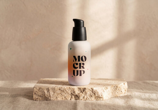 Front view of a cosmetic pump bottle mockup standing on a natural stone podium with sunlight shadows isolated on a textured beige background