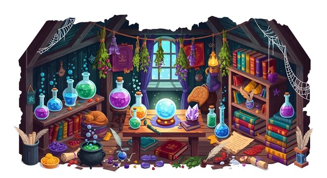 Magical alchemist workshop with glowing potions and crystal ball. Mystical wizard laboratory interior with spell books and herbs. Fantasy apothecary room.