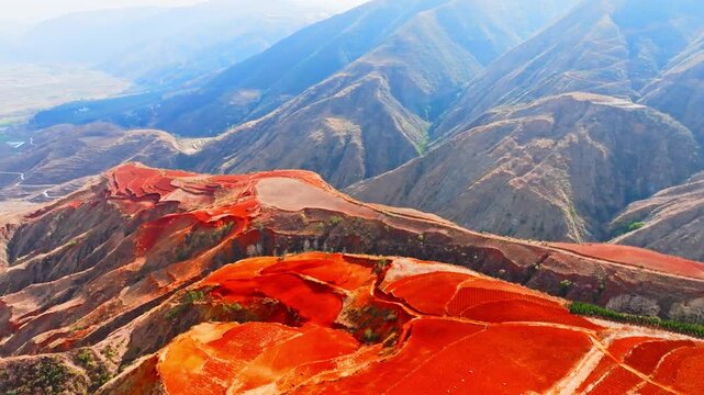 Aerial View of Red Terraced Farmland in Dongchuan Red Land, Yunnan, China