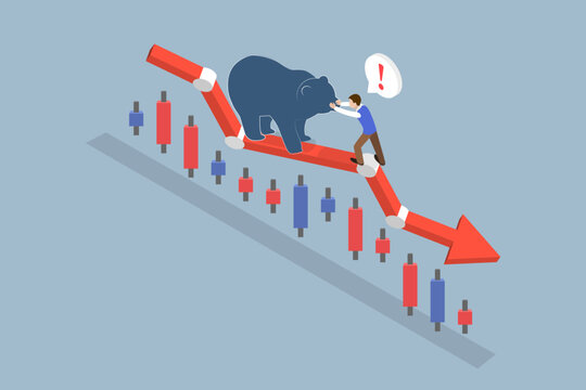 3D Isometric Flat Vector Illustration of Market Crash, Bear Market Plunges, Businessman Battles Investment Crisis And Economic Recession