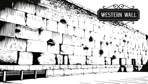 Very beautiful black-and-white engraved vector illustration featuring the WESTERN WALL in Jerusalem, with detailed stone textures and a decorative landmark label reading "WESTERN WALL", rendered in re
