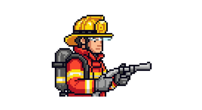 Firefighter in pixel art style uniform.