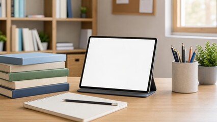 Fototapeta premium Workspace with tablet, books, plant, and stationery on wooden table by window in a clean room