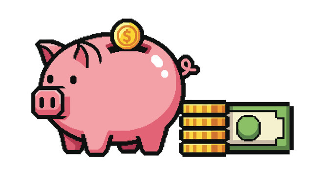 Pink Pig Saving Money Coins Bills.
