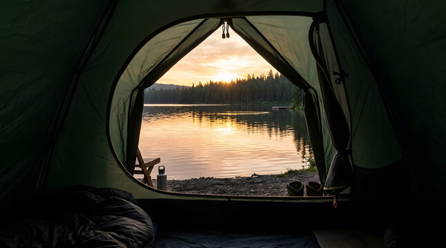 Scenic sunset view of lake from inside a camping tent