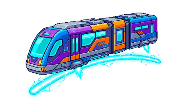 Colorful train on blue tracks moving.
