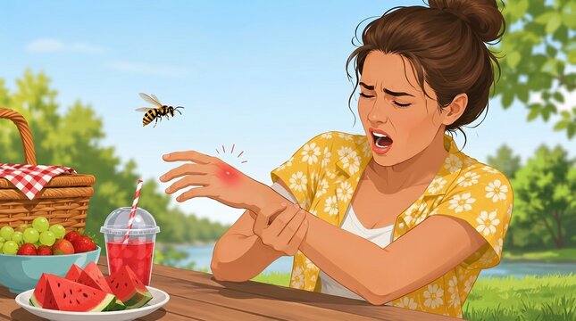 Woman reacting to painful wasp sting during outdoor picnic