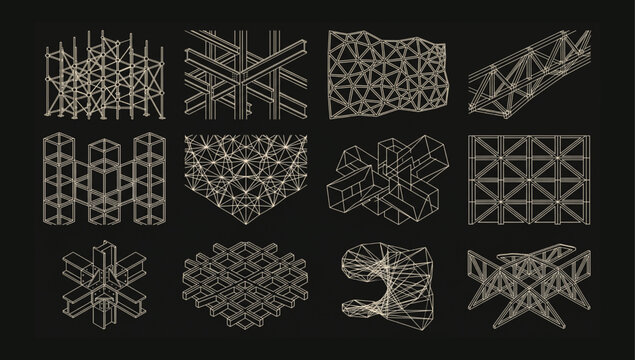 Detailed architectural wireframe construction modules and structural truss patterns with architecture wireframe construction structure engineering geometric blueprint building