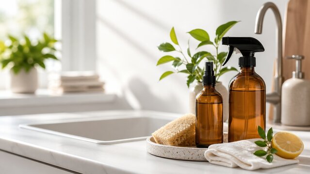 Home cleaning supplies on a kitchen counter with plants, sunlight, and a sink in the background