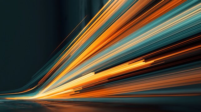 Abstract digital speed lines in orange and teal converging toward a vanishing point on a dark background with motion blur effect.