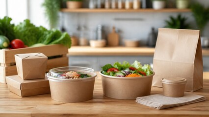 Fototapeta premium Takeaway food setup on a wooden table with salad, containers, and paper bags in a kitchen environment