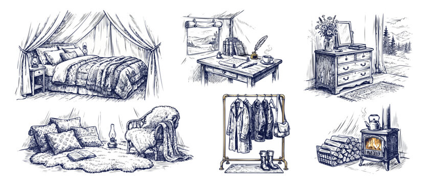 Cozy cabin interior sketch set featuring rustic glamping furniture including canopy bed, writing desk, wood stove, and lounge chair for rustic outdoor lifestyle concepts, hand-drawn vector clipart.