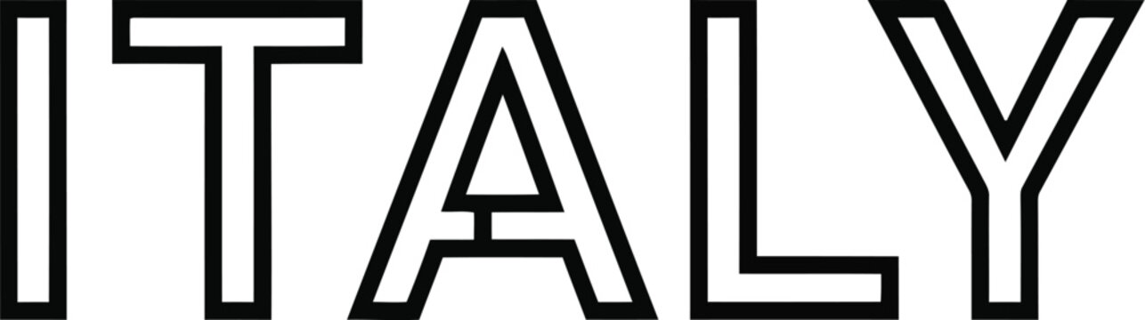 Bold black outline text of the word italy in a modern sans serif font style for travel promotion and tourism design elements