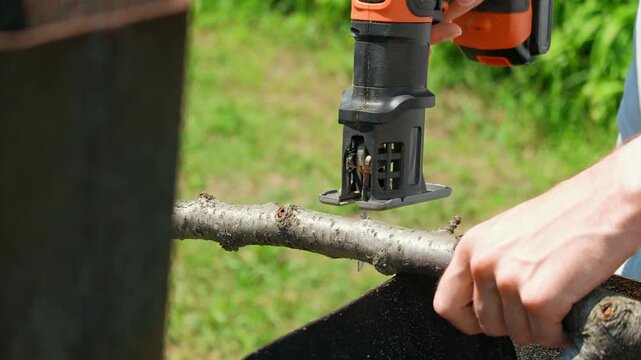 A close-up of a man cutting a branch with a jigsaw