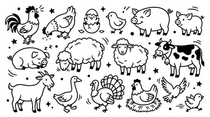 Fototapeta premium Collection of cute black and white doodle farm animals, including pigs, chickens, sheep, and a cow, on a clean white background