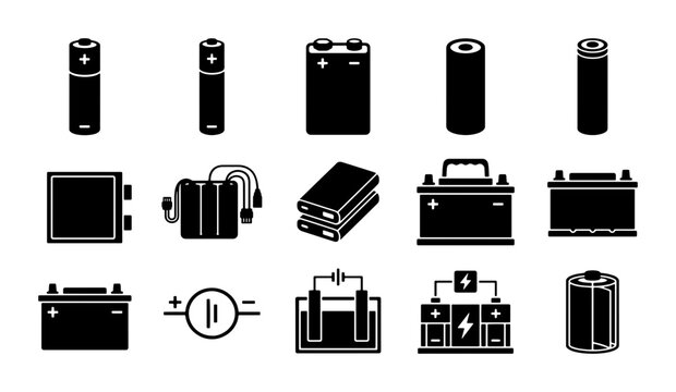 Black battery icon set with 15 vector elements, industrial power supply and energy storage symbols, car battery and alkaline cell collection