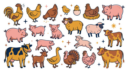 Obraz premium Adorable cartoon farm animals including pigs, cows, chickens, sheep, and goats are playfully scattered across a clean white background