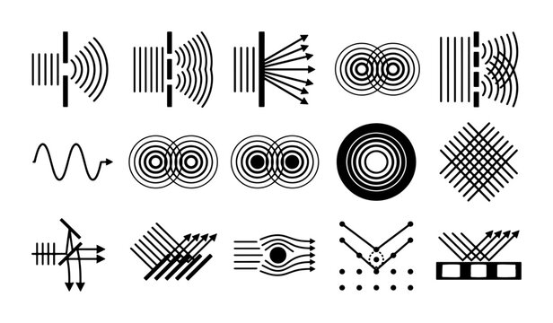 Physics wave interference and diffraction diagrams, 15 black line icons of light wave propagation, scientific optics and vibration vector set