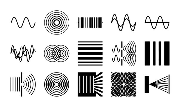 Scientific wave physics icons set, 15 vector diagrams of interference and diffraction, black linear sound and light wave symbols