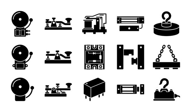 Electromagnetism and electrical engineering icons set, industrial magnetic components and telegraph equipment, 15 black vector glyph icons