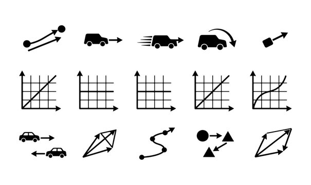 Physics motion icons set, 15 vector symbols of kinematics and dynamics, black linear diagrams for science education and mechanics