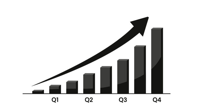 Quarterly Business Growth Bar Chart with Upward Trending Arrow and Q1 Q4 Labels on Isolated White Background