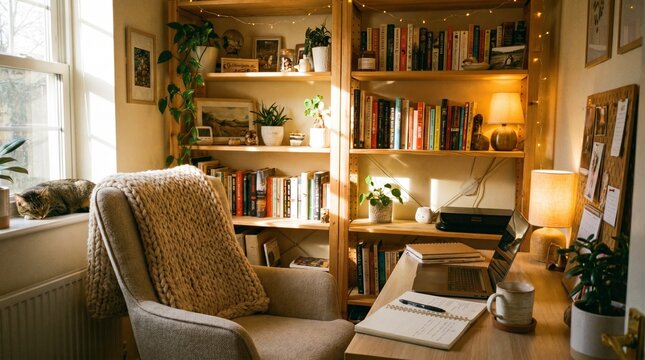 Cozy home office corner, wooden shelves, books, warm light, relaxed productivity vibe