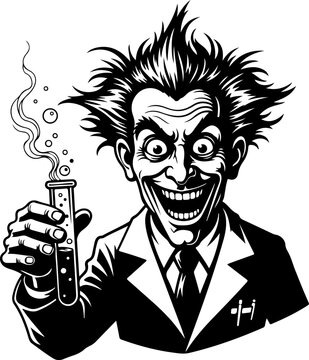 Silhouette Mad scientist maniacal grin holding bubbling test tube with smoky vapor science experiment.