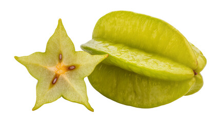 Fototapeta premium Isolated whole and sliced fresh starfruit displaying vibrant yellow-green tropical fruit