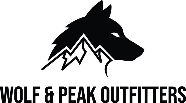 Bold Black Wolf Head Logo Featuring Mountain Peak Design for outdoor-lifestyle adventure-branding rugged-minimalism hiking-apparel wilderness-inspired