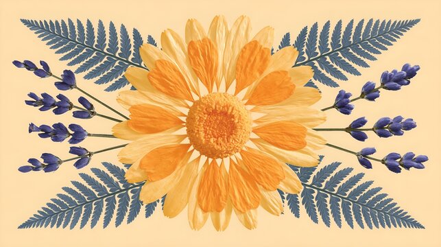 Floral photo featuring daisy, ferns, and lavender on a beige background