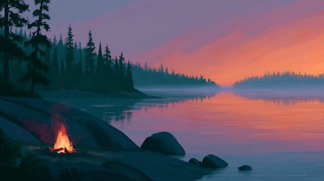 Sunset over lake with campfire