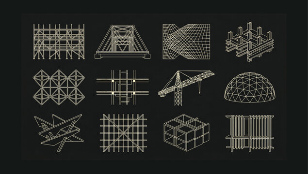 Collection of industrial architectural wireframe modules and construction crane icon with architecture wireframe construction isometric structure engineering industry industrial