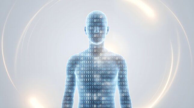 A glowing human silhouette formed by cascading binary code data streams on a soft white background.