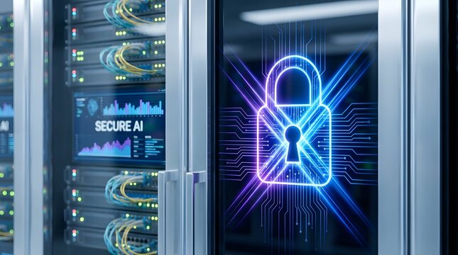 A glowing digital padlock icon is displayed on a server rack screen with secure AI text visible.