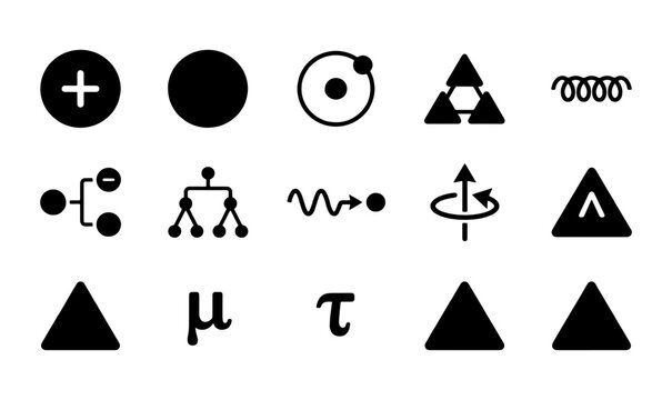 Scientific physics icons set, 15 black vector symbols for quantum mechanics and particle research, atomic theory and mathematical signs