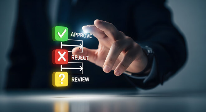 Hand selecting approve reject review workflow icons isolated on transparent background process