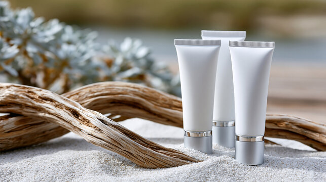 Unlabeled cosmetic tubes on a white sand background with a wooden branch, natural skincare and organic cosmetics concept, defocused, with copy space