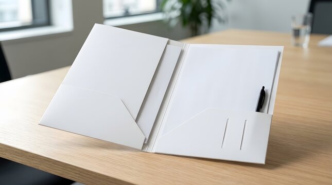 Professional portfolio mockup blank presentation folder with paper sheets and pen on desk