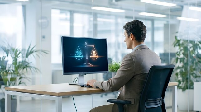 A professional sits at a desk looking at a computer screen showing a balanced scale of justice.