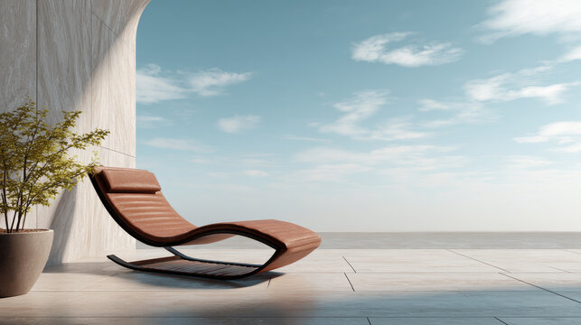 Relaxation lounge chair on a modern concrete patio featuring minimalist design, an urban oasis setup for outdoor living with a tranquil sky view
