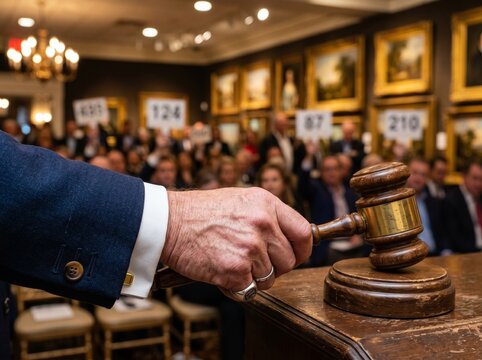 Auctioneer Hand Holding Wooden Gavel at Art Bidding Event