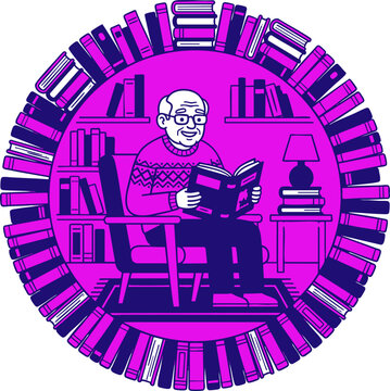 Illustration of an elderly man with glasses wearing a patterned sweater sitting in an armchair and reading a book in a cozy library surrounded by a circular frame of books